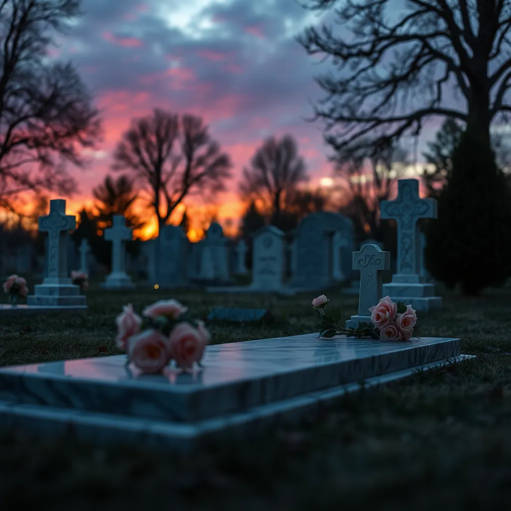 Cimetière avec des monu;ments en granite et des rose de couleur rose